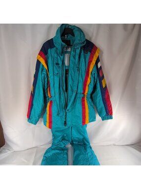 Descente Ski Suit Jacket Pants Blue US Men's 32 M Medium Teal Blue Stripes Coat